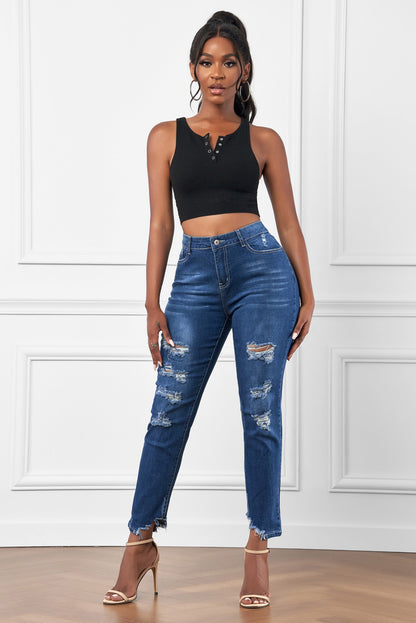 High-Rise Distressed Hem Detail Jeans-Teresa&#39;s Fashionista LLC