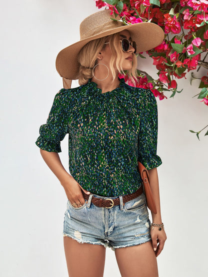 Printed Ruffle Collar Flounce Sleeve Blouse-Teresa&#39;s Fashionista LLC