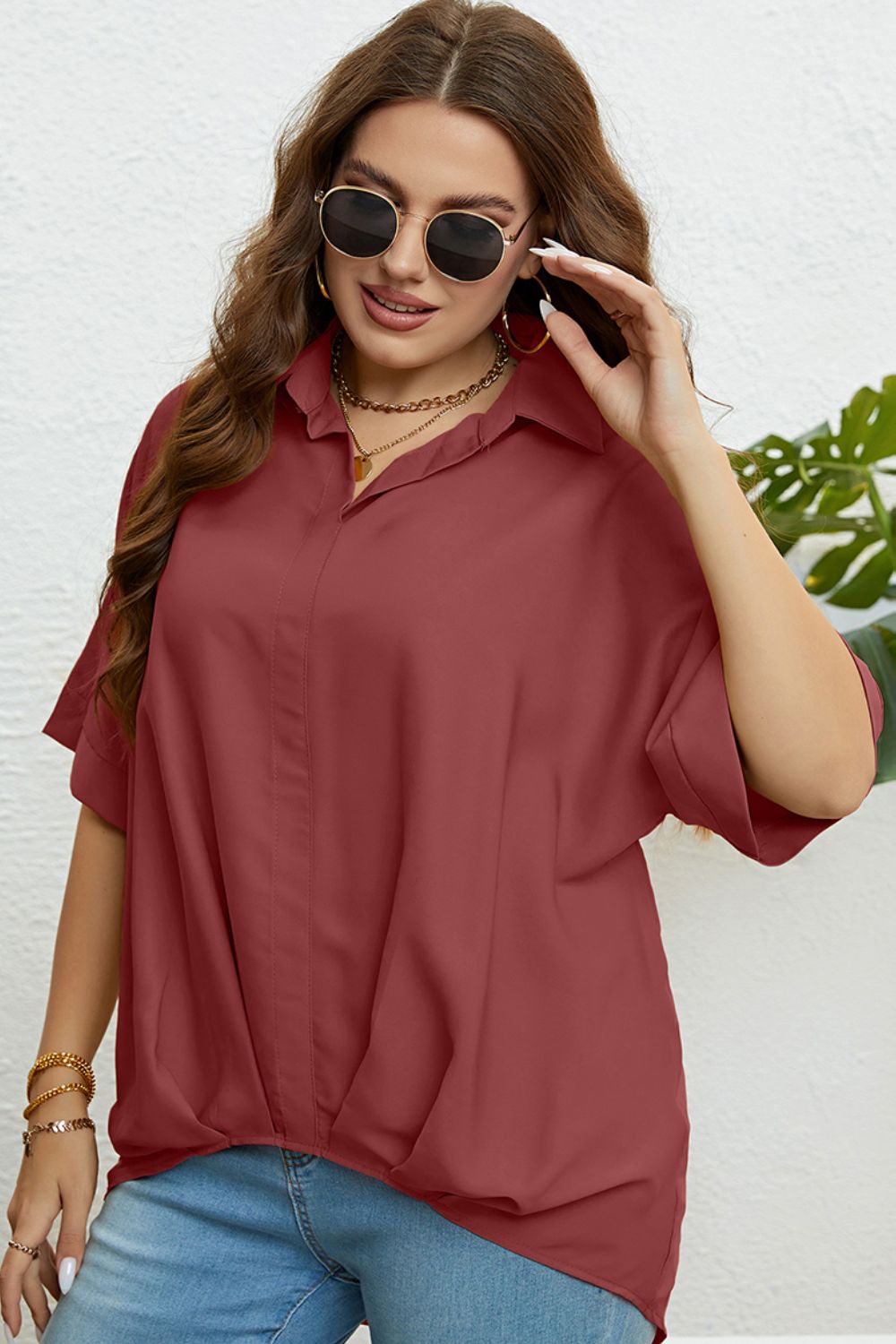 Plus Size Collared Half Sleeve Hem Detail Top-Teresa&#39;s Fashionista LLC