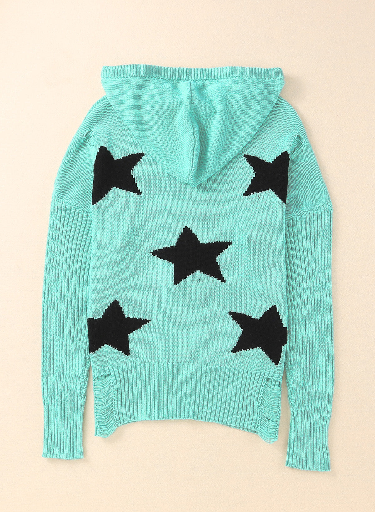 Star Distressed Slit Hooded Sweater-Teresa&#39;s Fashionista LLC