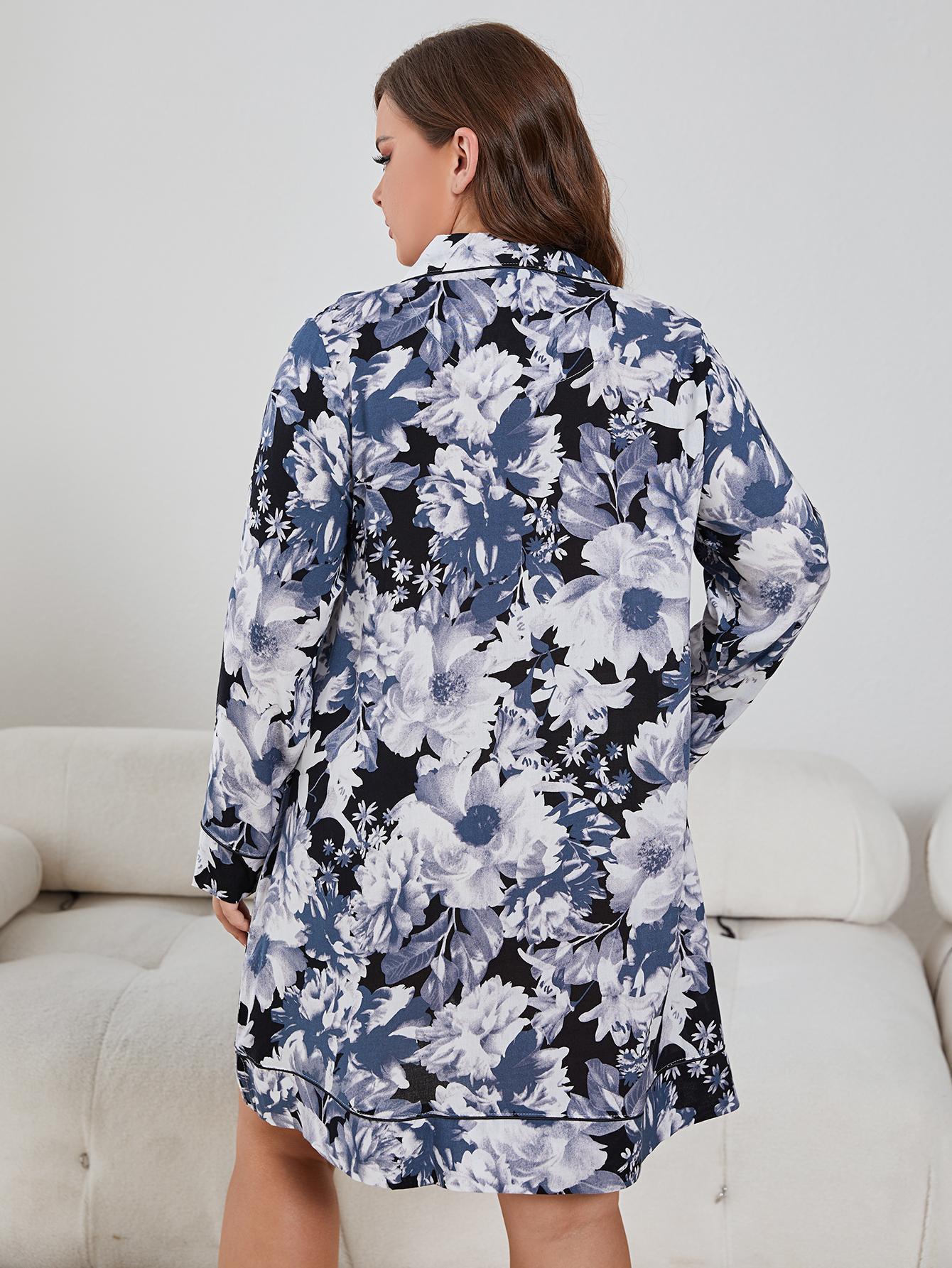 Plus Size Floral Lapel Collar Long Sleeve Night Dress-Teresa&#39;s Fashionista LLC