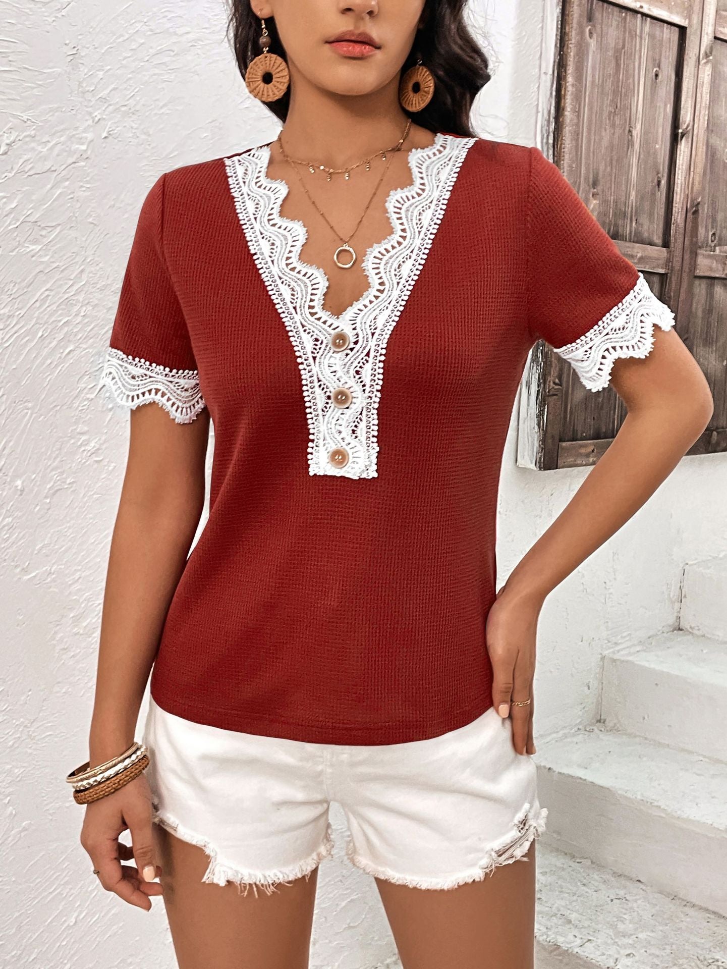 Decorative Button Spliced Lace Short Sleeve Top-Teresa&#39;s Fashionista LLC