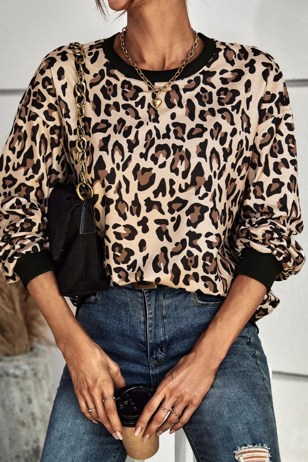 Leopard Round Neck Dropped Shoulder Sweatshirt-Teresa&#39;s Fashionista LLC