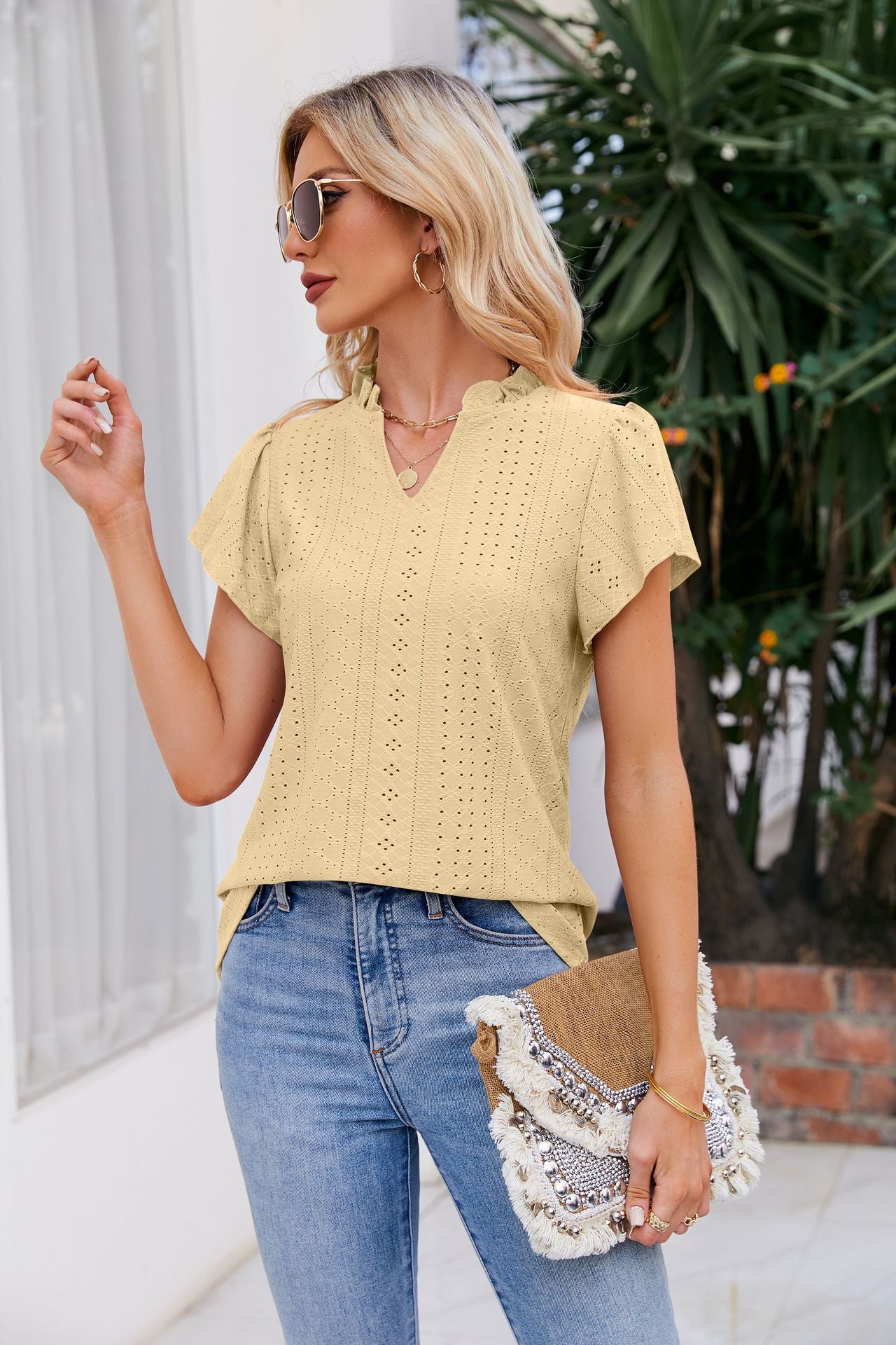 Notched Neck Puff Sleeve Blouse-Teresa&#39;s Fashionista LLC