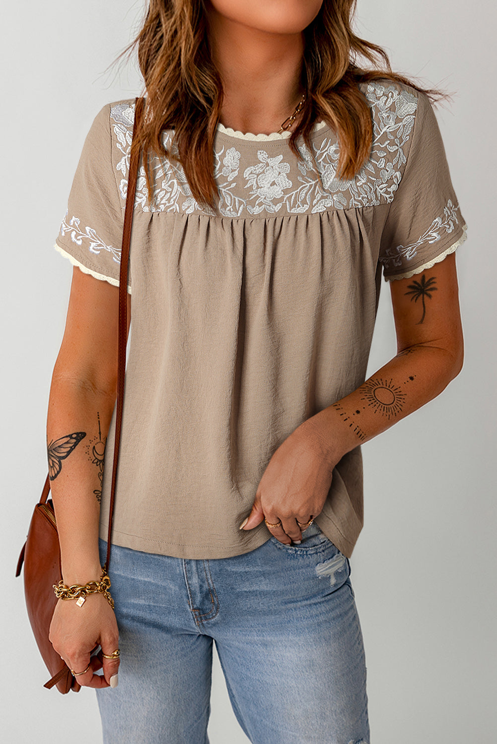 Embroidered Round Neck Short Sleeve Blouse-Teresa&#39;s Fashionista LLC