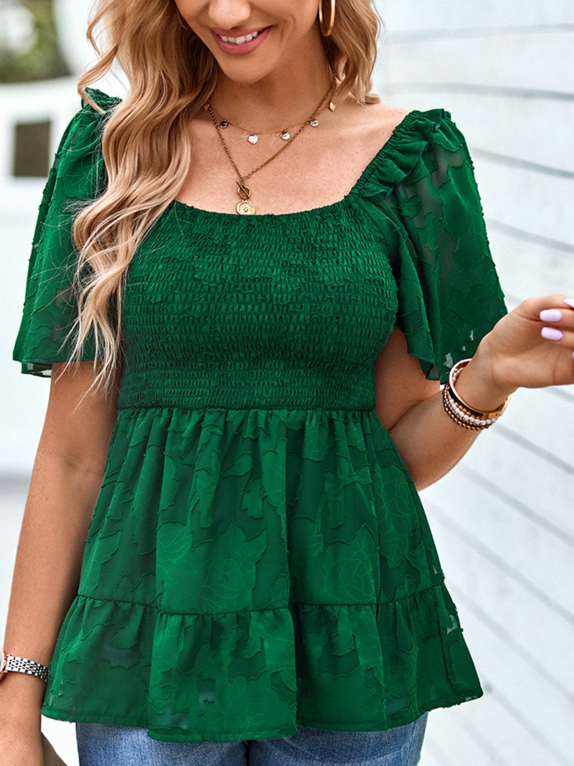 Smocked Square Neck Babydoll Blouse-Teresa&#39;s Fashionista LLC