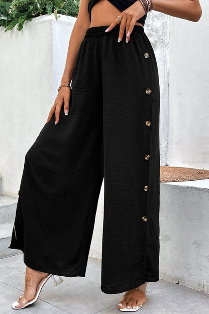 Button Detail Elastic Waist Wide Leg Pants-Teresa&#39;s Fashionista LLC