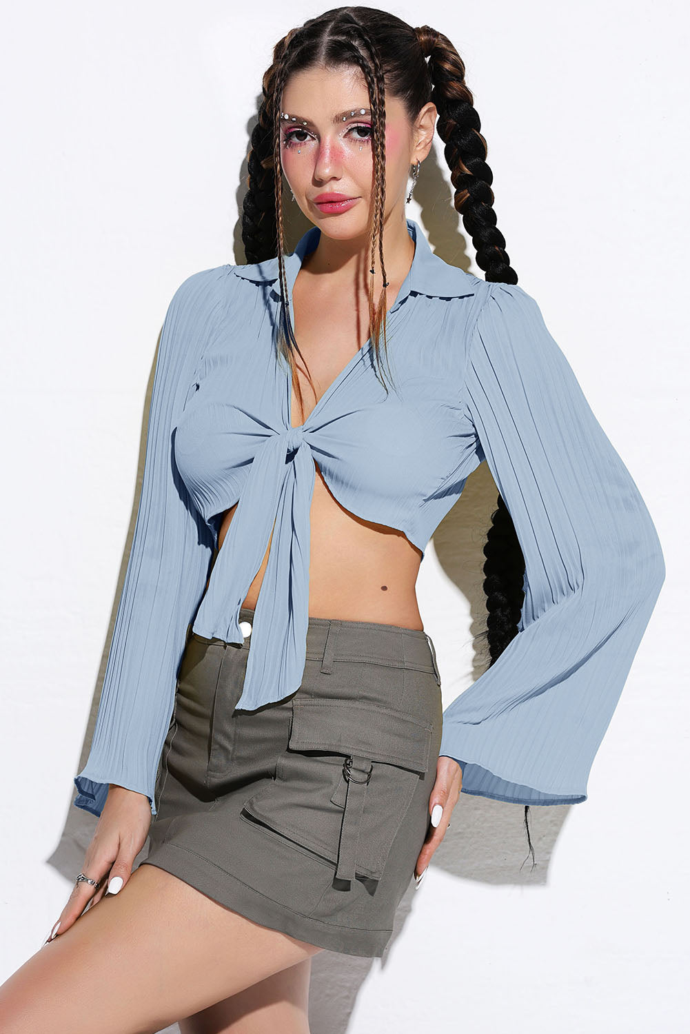 Tie Front Johnny Collar Flare Sleeve Cropped Top-Teresa&#39;s Fashionista LLC