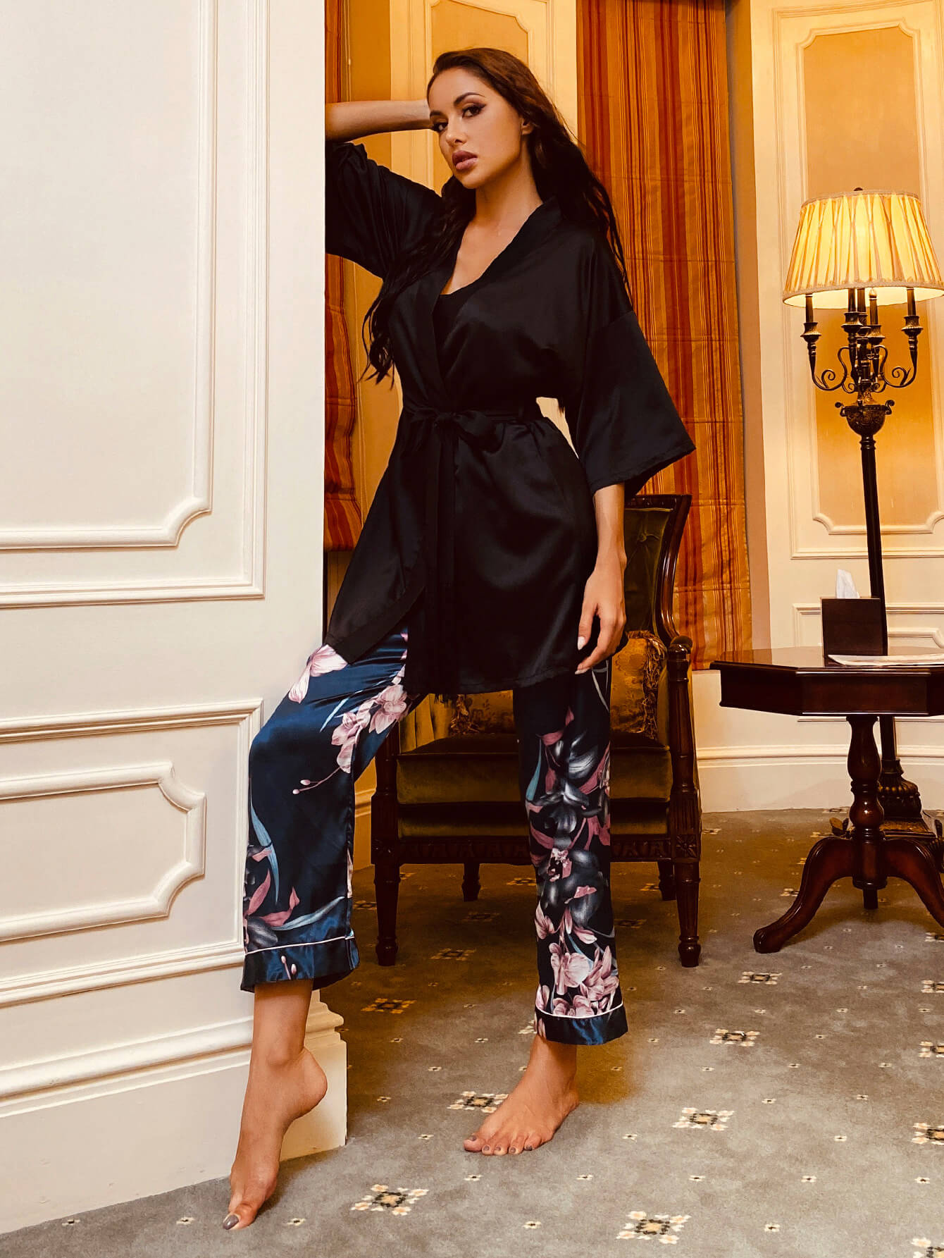 Cami, Robe, and Printed Pants Pajama Set-Teresa&#39;s Fashionista LLC