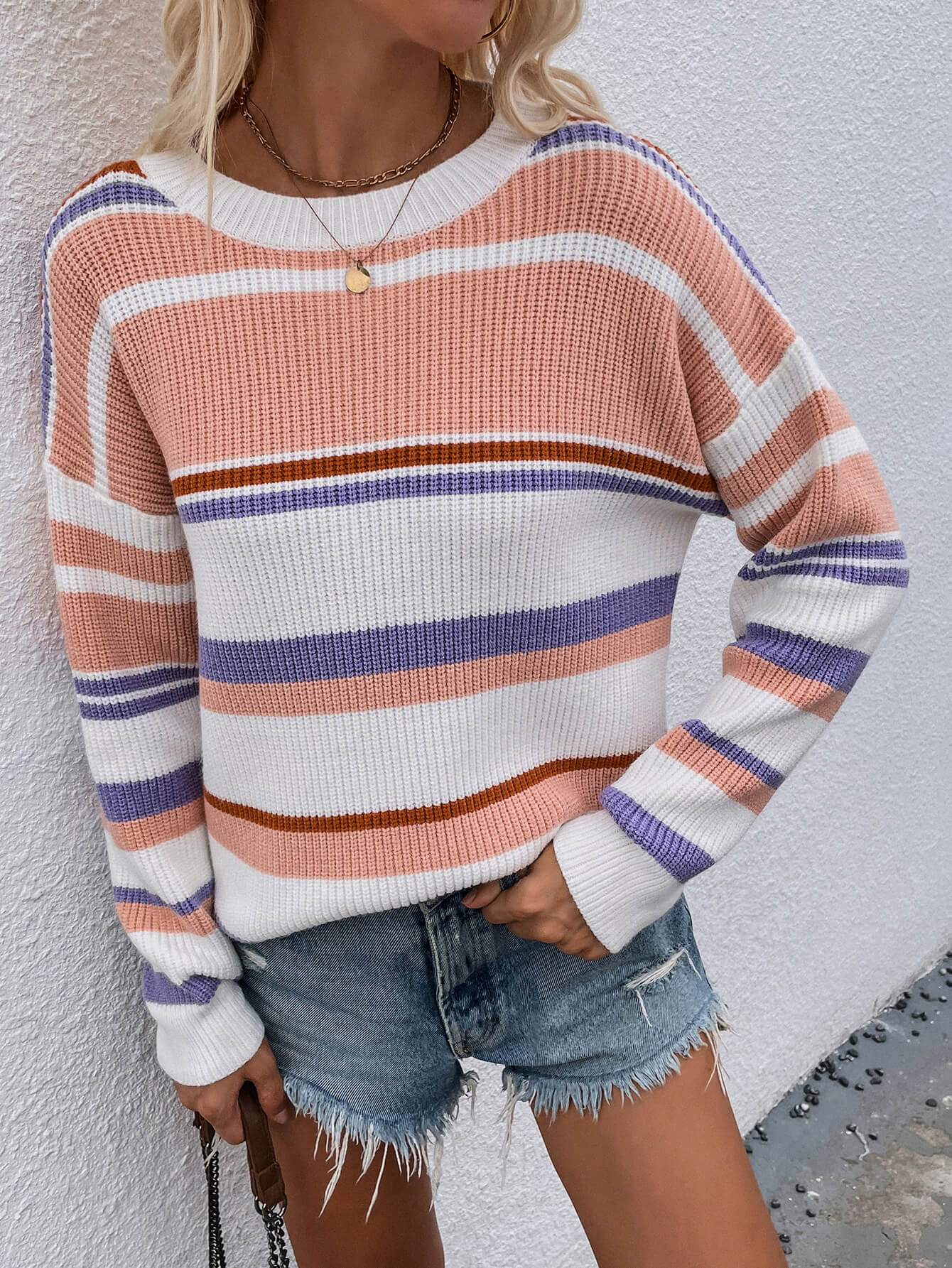 Striped Drop Shoulder Round Neck Pullover Sweater-Teresa&#39;s Fashionista LLC