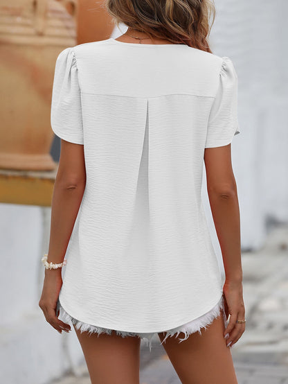 Ruche V-Neck Petal Sleeve Top-Teresa&#39;s Fashionista LLC