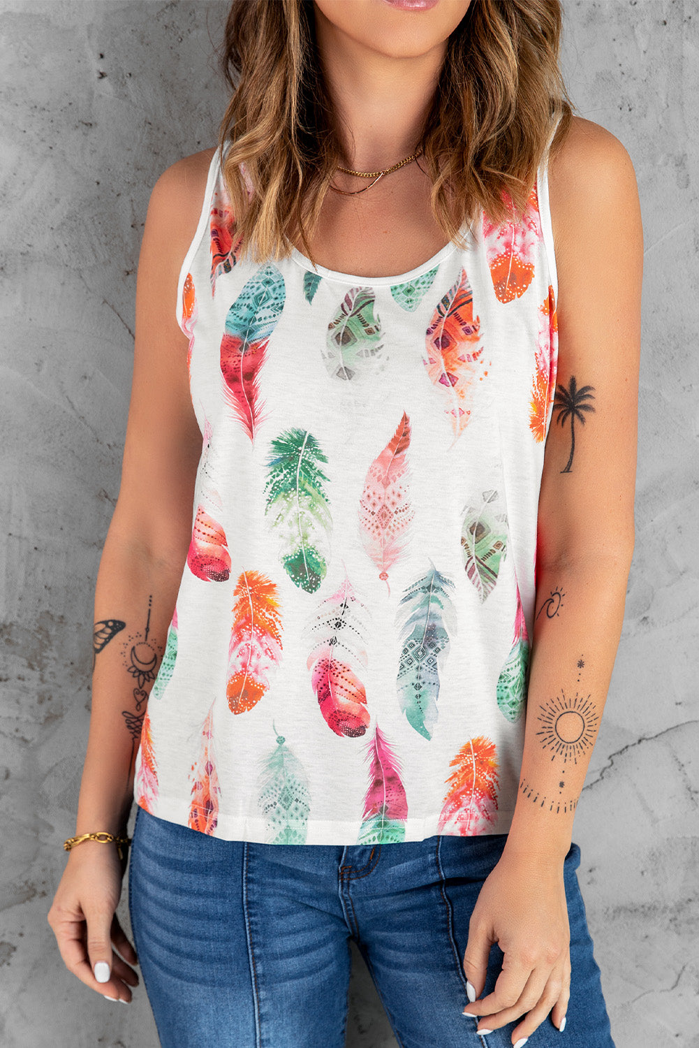 Feather Print Round Neck Tank-Teresa&#39;s Fashionista LLC