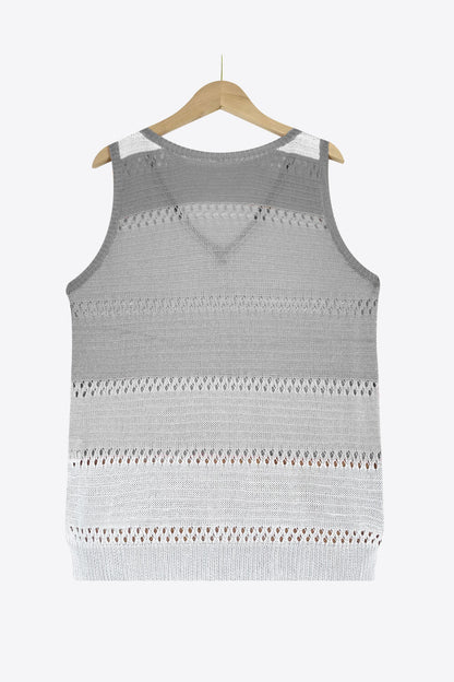 Striped Openwork V-Neck Knit Tank-Teresa&#39;s Fashionista LLC