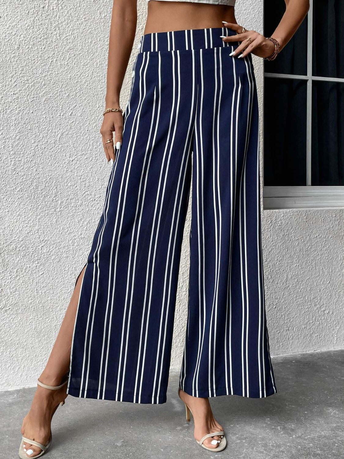 Striped Slit Wide Leg Pants-Teresa&#39;s Fashionista LLC