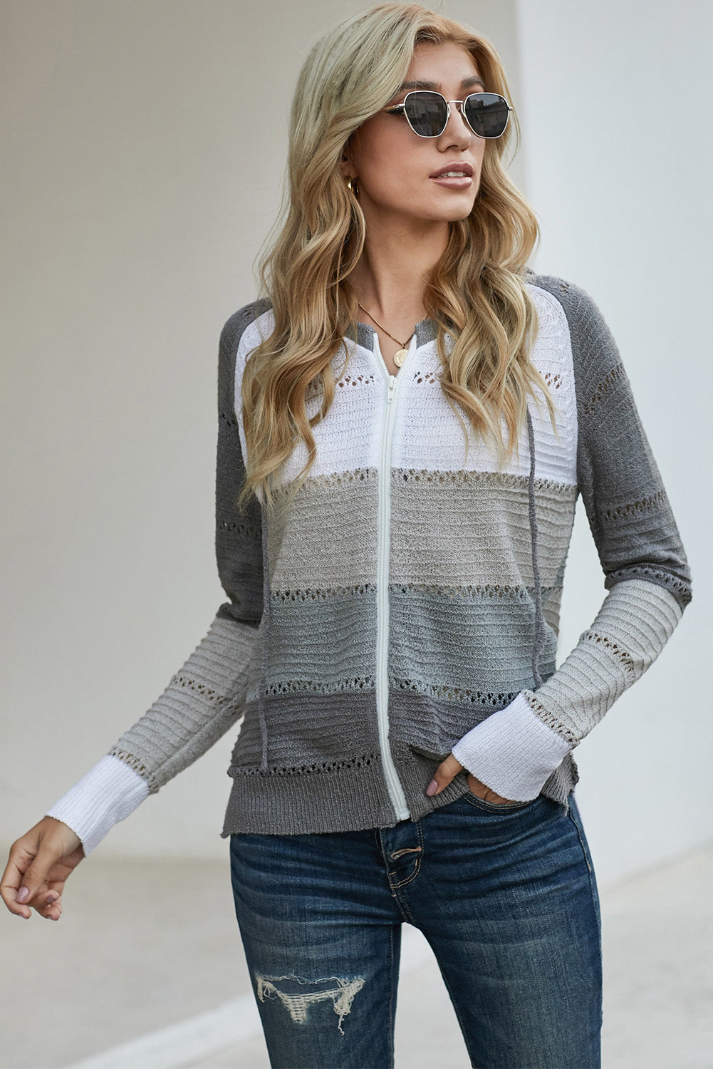 Zip-Up Raglan Sleeve Openwork Hooded Cardigan-Teresa&#39;s Fashionista LLC