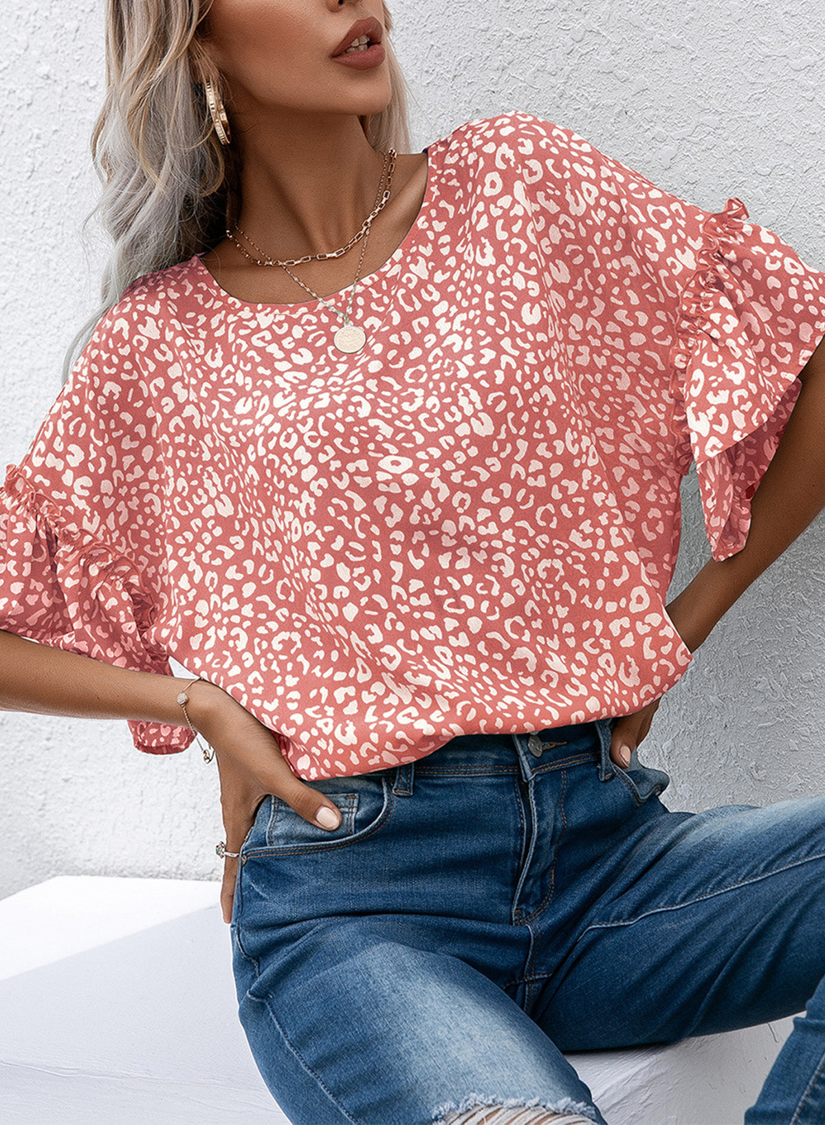 Leopard Round Neck Frill Trim Blouse-Teresa&#39;s Fashionista LLC