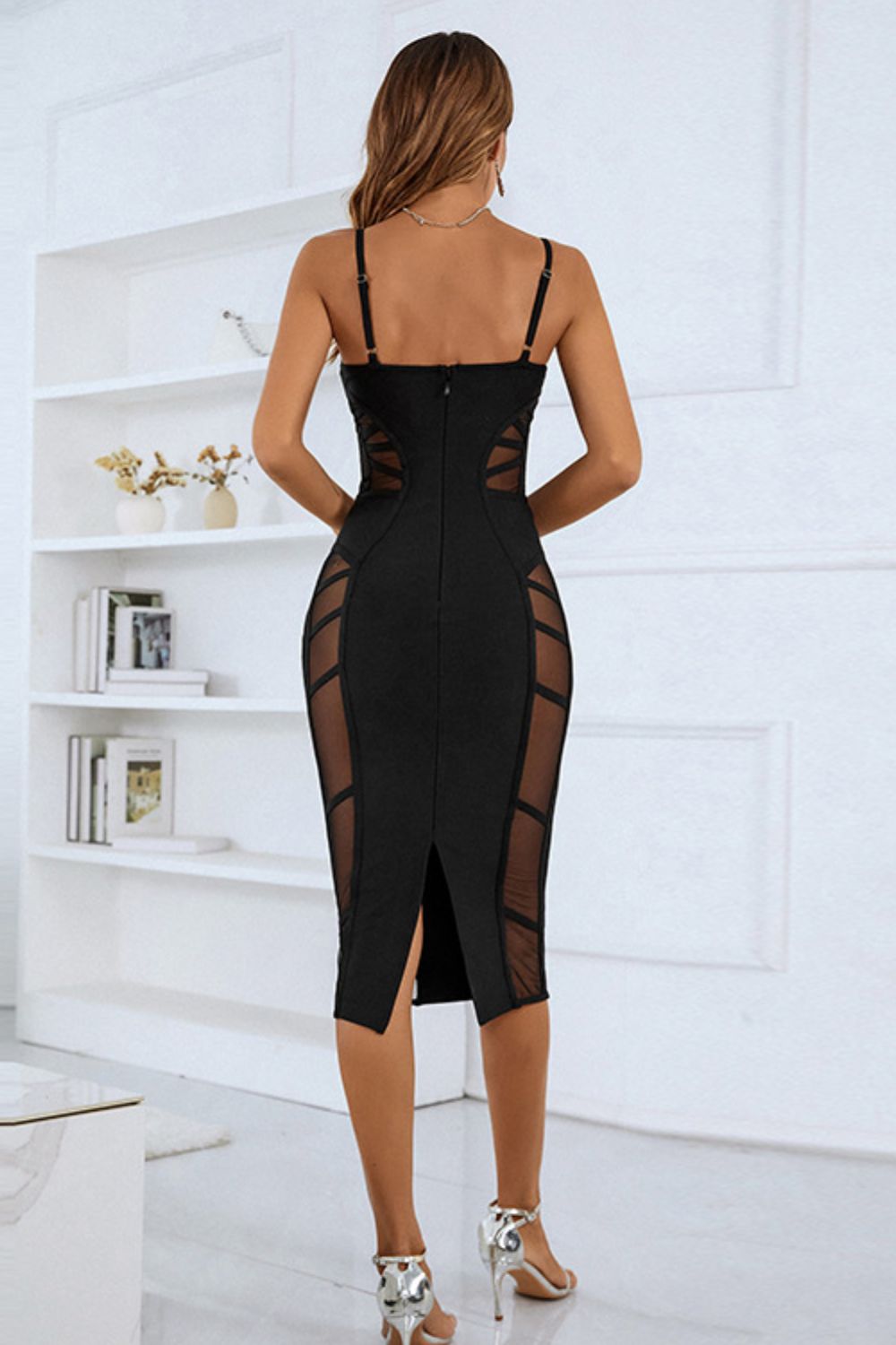 Spaghetti Strap Spliced Mesh Slit Back Dress-Teresa&#39;s Fashionista LLC