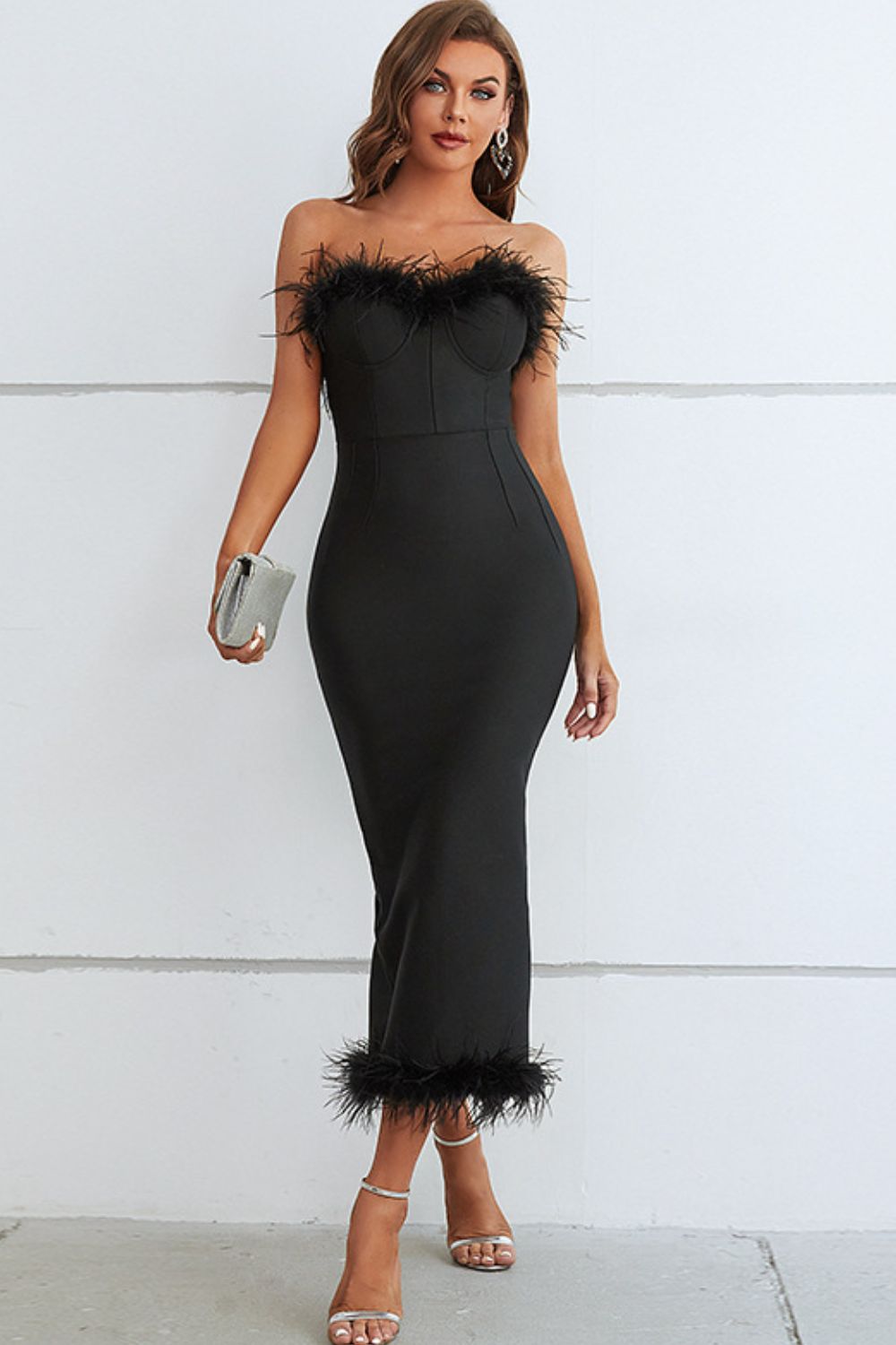 Feather Trim Strapless Sweetheart Neck Dress-Teresa&#39;s Fashionista LLC