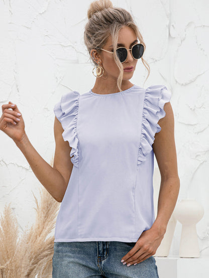 Round Neck Tied Open Back Flutter Sleeve Top-Teresa&#39;s Fashionista LLC