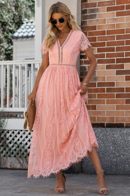 Scalloped Trim Lace Plunge Dress-Teresa&#39;s Fashionista LLC