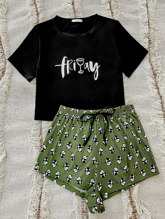 Graphic Tee and Panda Print Shorts Lounge Set-Teresa&#39;s Fashionista LLC