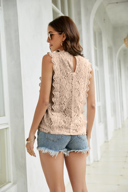 Lace Scalloped Keyhole V-Neck Tank-Teresa&#39;s Fashionista LLC