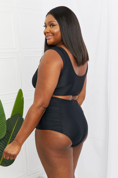 Marina West Swim Sanibel Crop Swim Top and Ruched Bottoms Set in Black-Teresa&#39;s Fashionista LLC