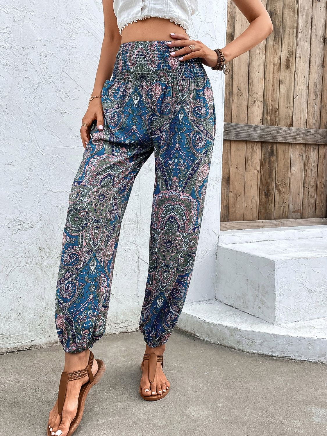 Printed Smocked Waist Pants-Teresa&#39;s Fashionista LLC