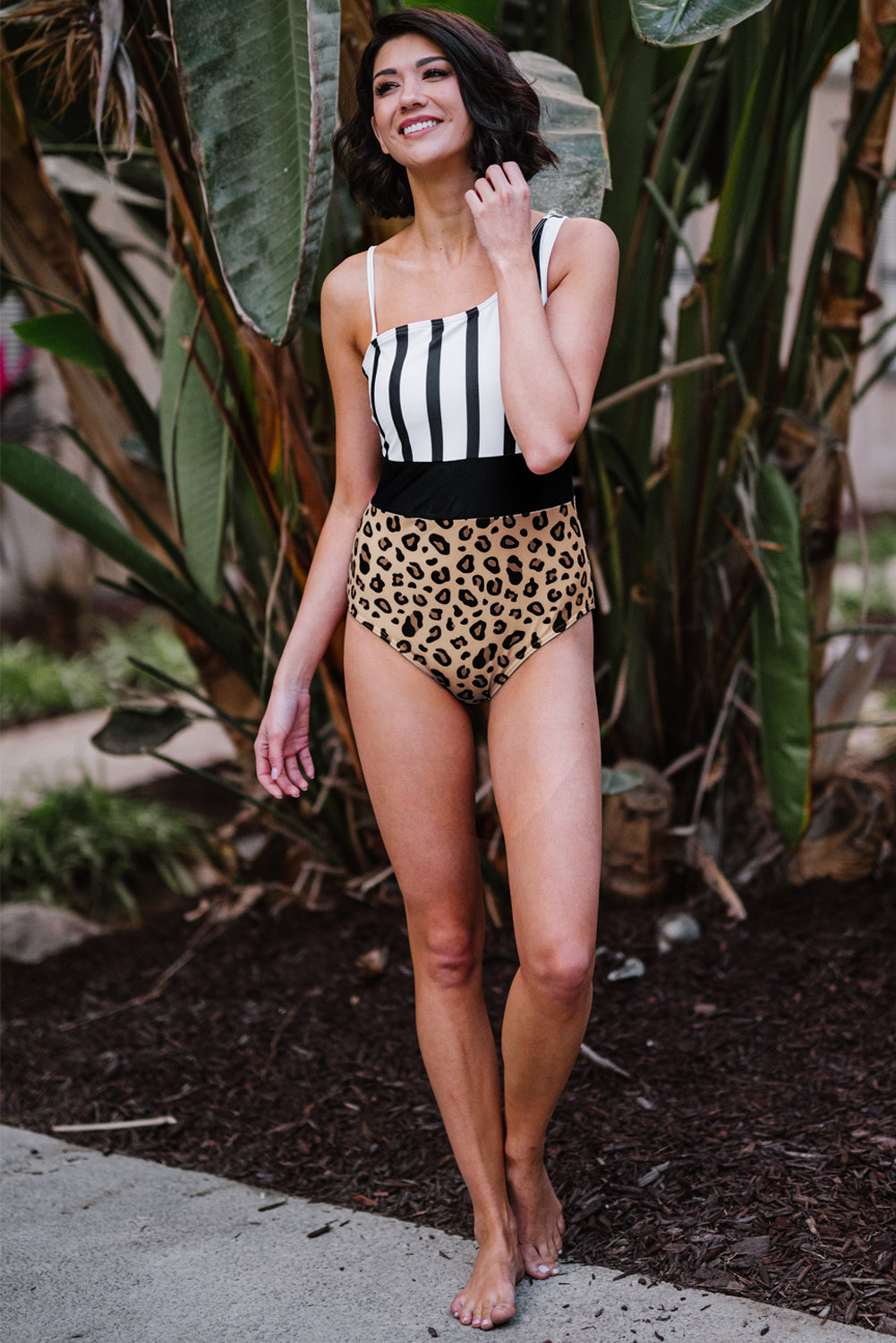 Mixed Print Asymmetrical Neck One-Piece Swimsuit-Teresa&#39;s Fashionista LLC