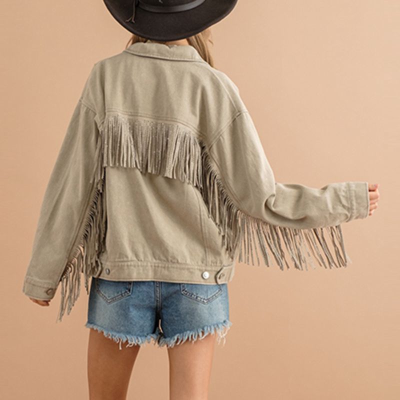 Fringe Detail Dropped Shoulder Denim Jacket-Teresa&#39;s Fashionista LLC