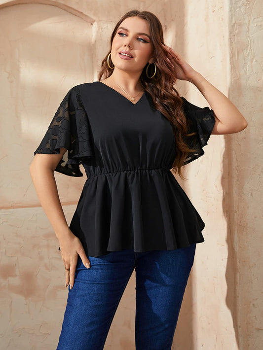 Plus Size V-Neck Flutter Sleeve Babydoll Blouse-Teresa&#39;s Fashionista LLC