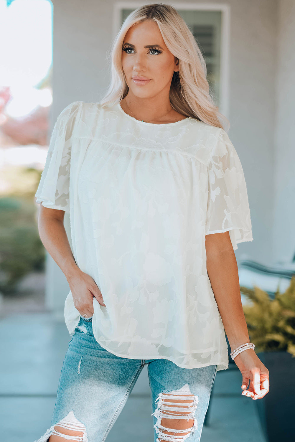 Round Neck Puff Sleeve Blouse-Teresa&#39;s Fashionista LLC