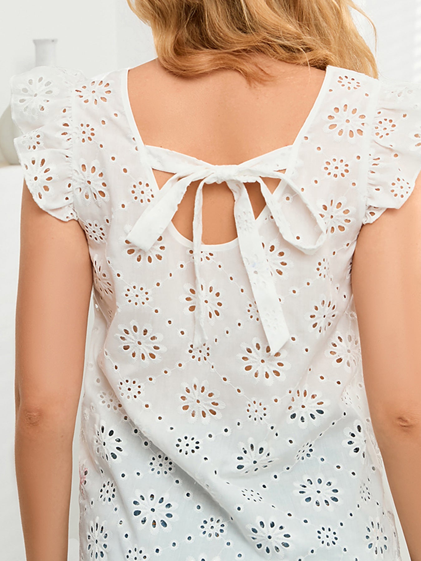 Tie Back V-Neck Eyelet Top-Teresa&#39;s Fashionista LLC