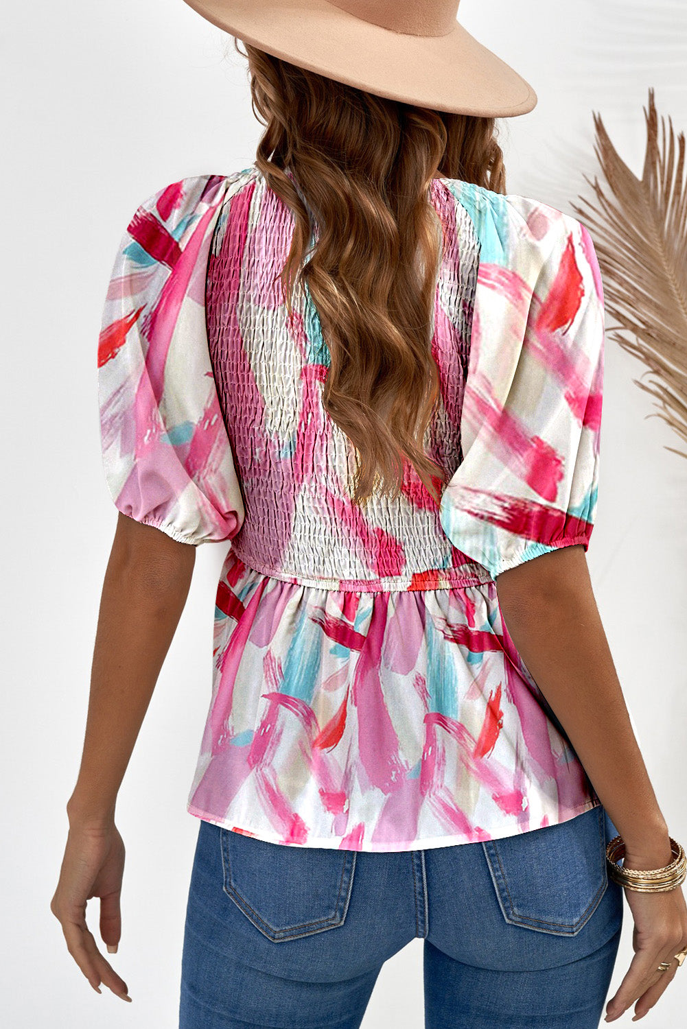 Printed V-Neck Babydoll Blouse-Teresa&#39;s Fashionista LLC