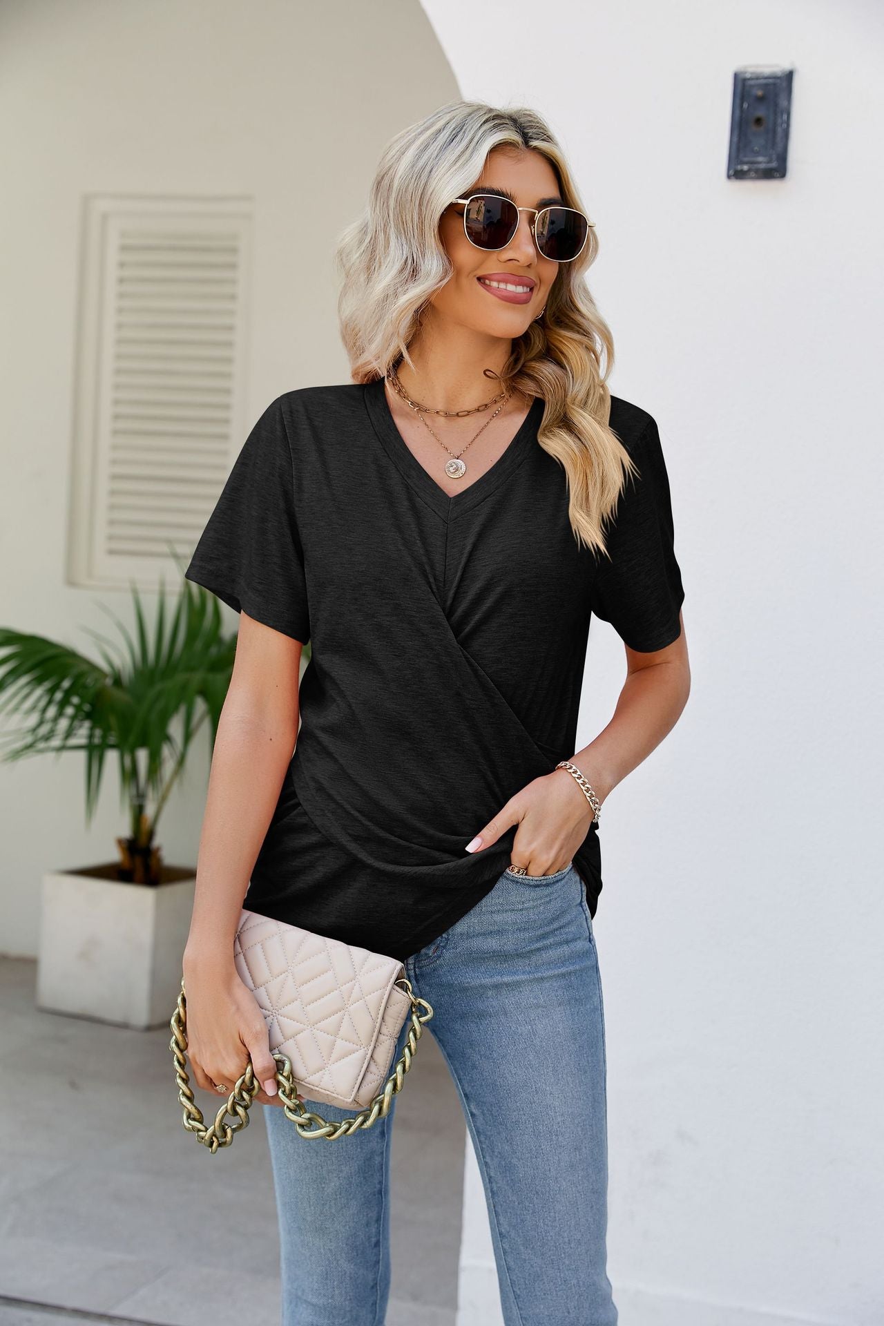 V-Neck Crisscross Short Sleeve Tee-Teresa&#39;s Fashionista LLC