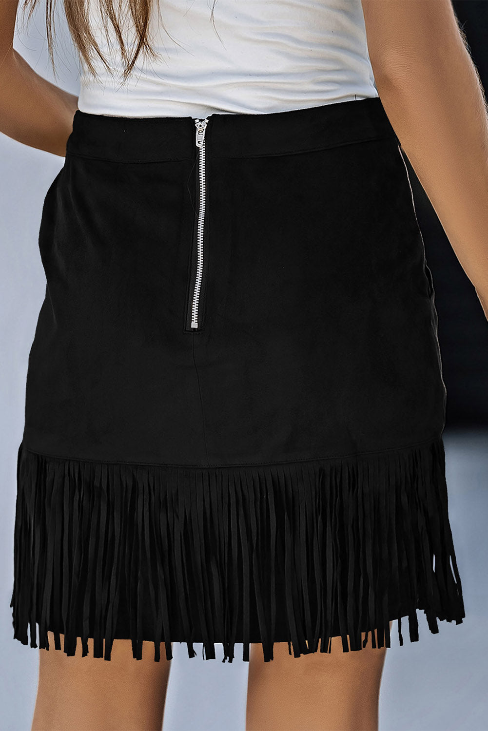 Fringe Detail Zip-Back Skirt with Pockets-Teresa&#39;s Fashionista LLC