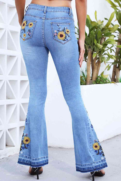 Full Size Flower Embroidery Distressed Wide Leg Jeans-Teresa&#39;s Fashionista LLC