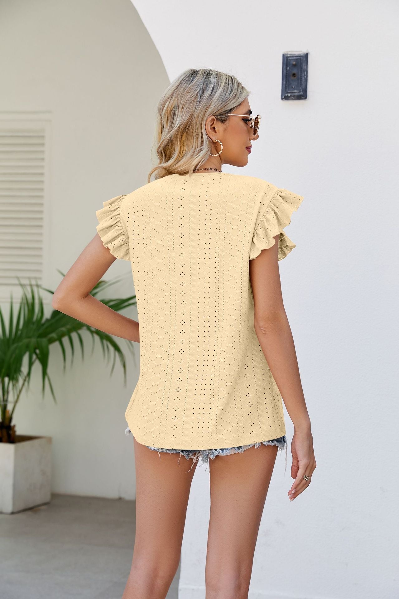 Smocked Round Neck Flutter Sleeve Top-Teresa&#39;s Fashionista LLC