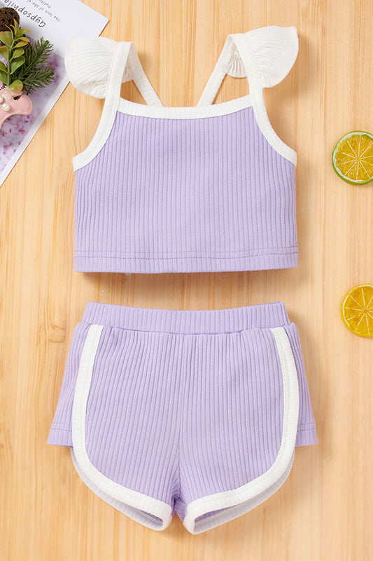 Baby Girl Contrast Trim Ribbed Cami and Shorts Set-Teresa&#39;s Fashionista LLC