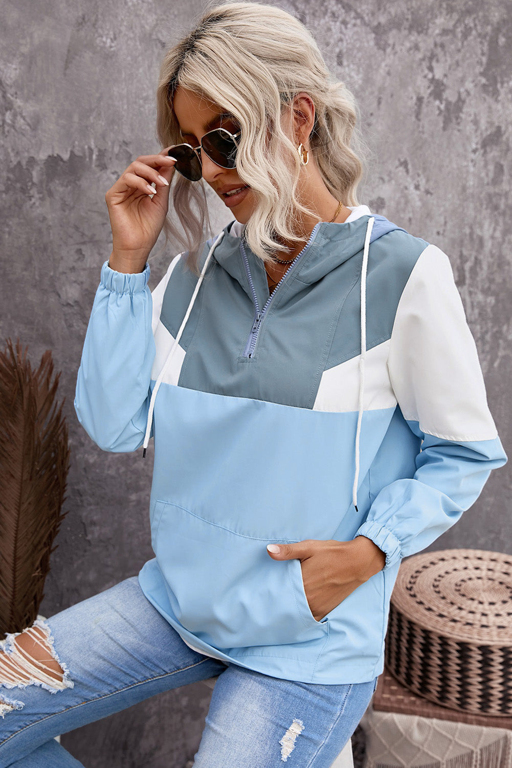 Color Block Quarter-Zip Drawstring Hoodie-Teresa&#39;s Fashionista LLC