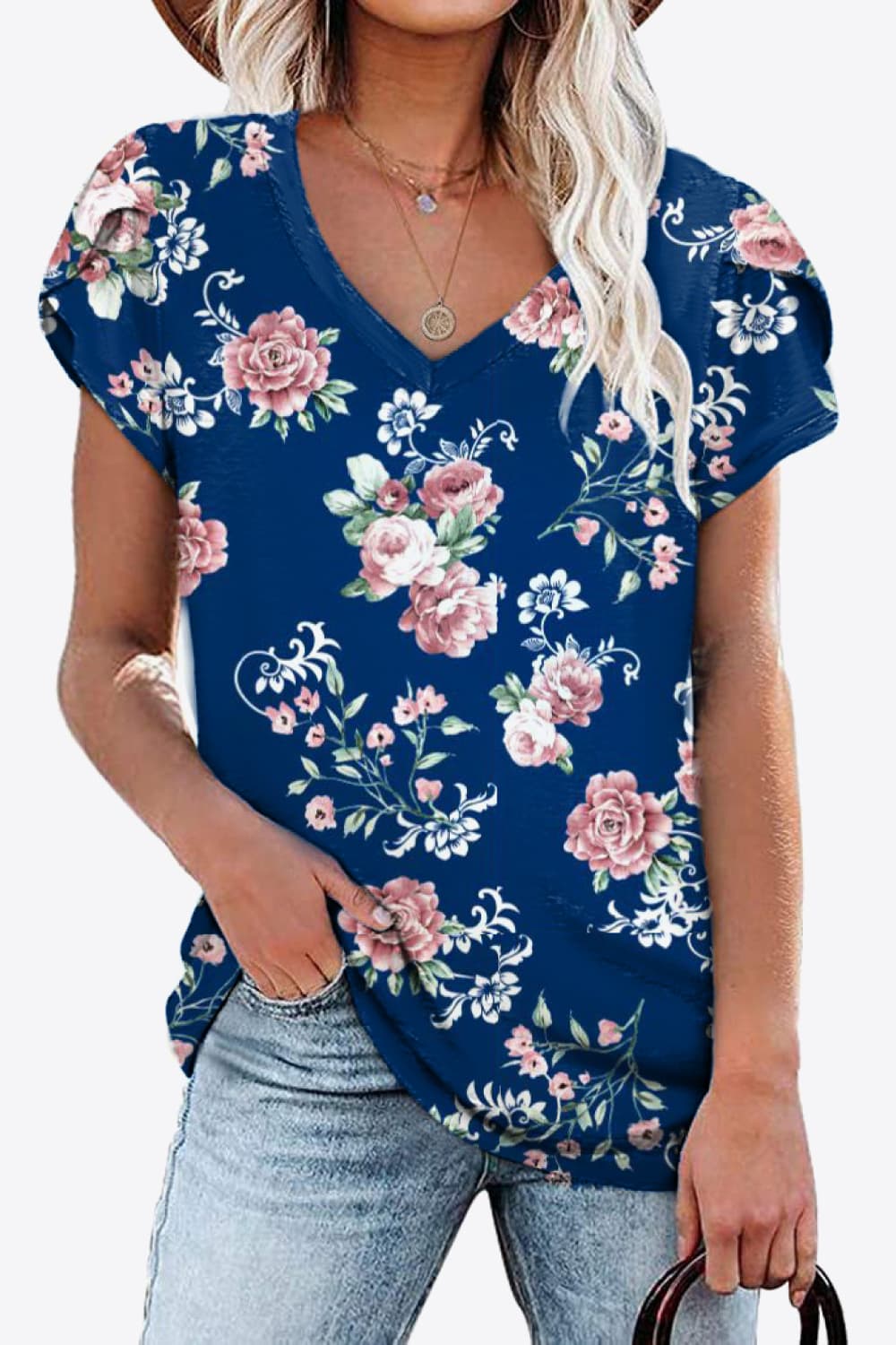 Printed Petal Sleeve V-Neck Blouse-Teresa&#39;s Fashionista LLC