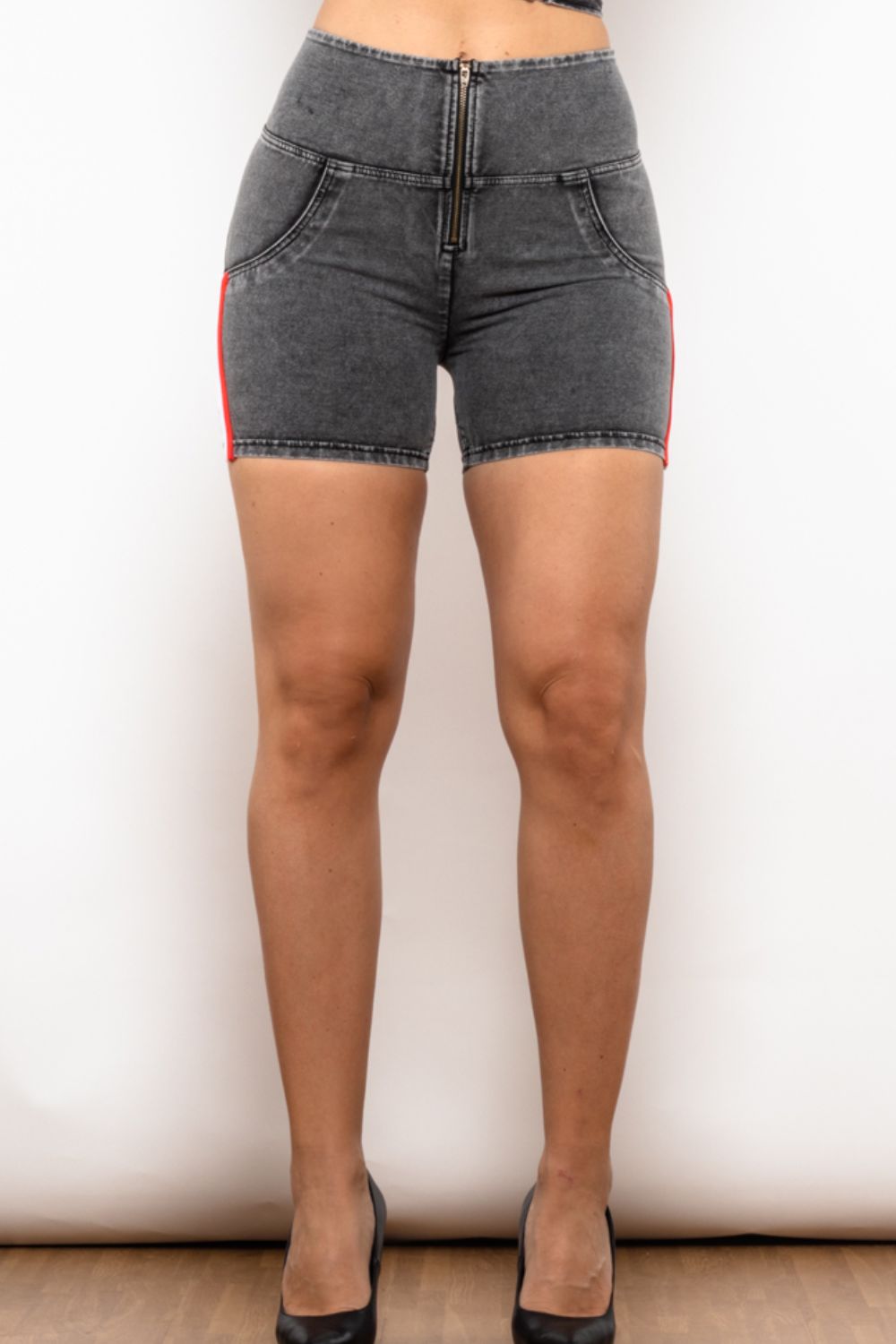 Full Size Side Stripe Zip Closure Denim Shorts-Teresa&#39;s Fashionista LLC