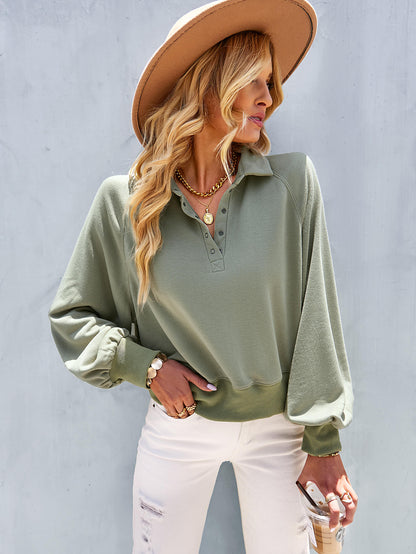 Quarter-Snap Collared Raglan Sleeve Sweatshirt-Teresa&#39;s Fashionista LLC