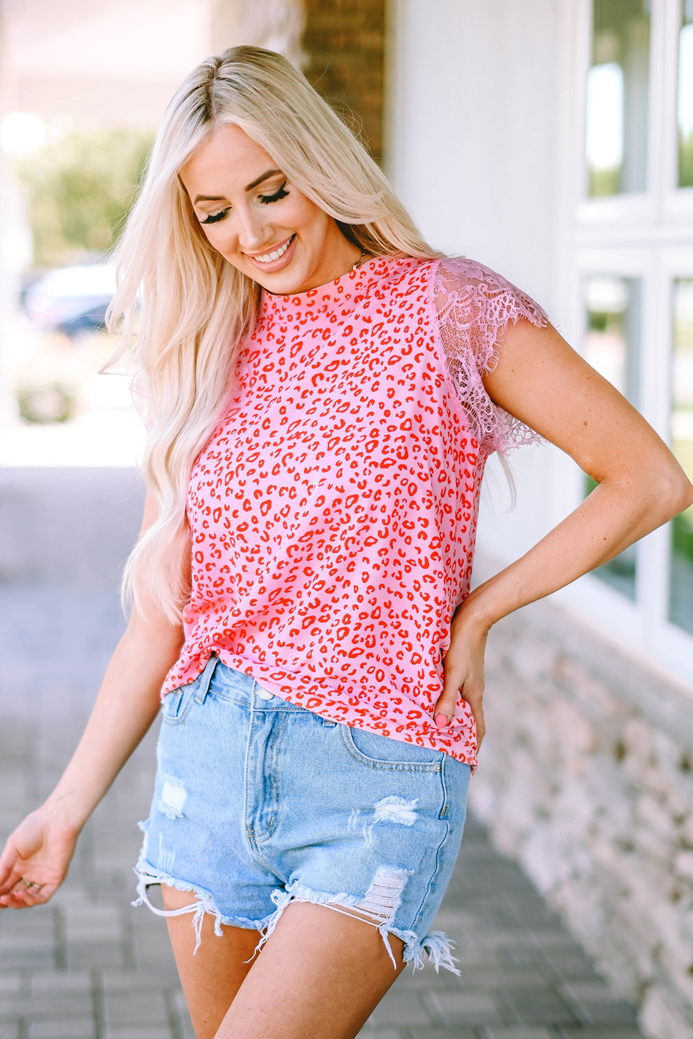 Leopard Print Lace Short Sleeve Blouse-Teresa&#39;s Fashionista LLC