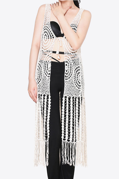 Tie Front Fringe Hem Sleeveless Cover Up-Teresa&#39;s Fashionista LLC