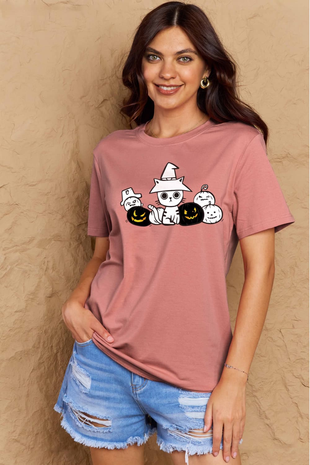 Simply Love Full Size Cat & Pumpkin Graphic Cotton T-Shirt-Teresa&#39;s Fashionista LLC