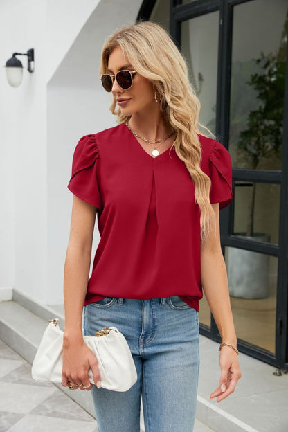 Petal Sleeve V-Neck Top-Teresa&#39;s Fashionista LLC