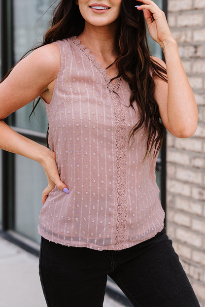 Swiss Dot Lace Detail Plunge Tank-Teresa&#39;s Fashionista LLC