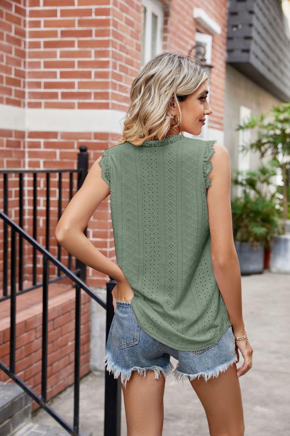 Eyelet Lace Trim Eyelash V-Neck Tank-Teresa&#39;s Fashionista LLC