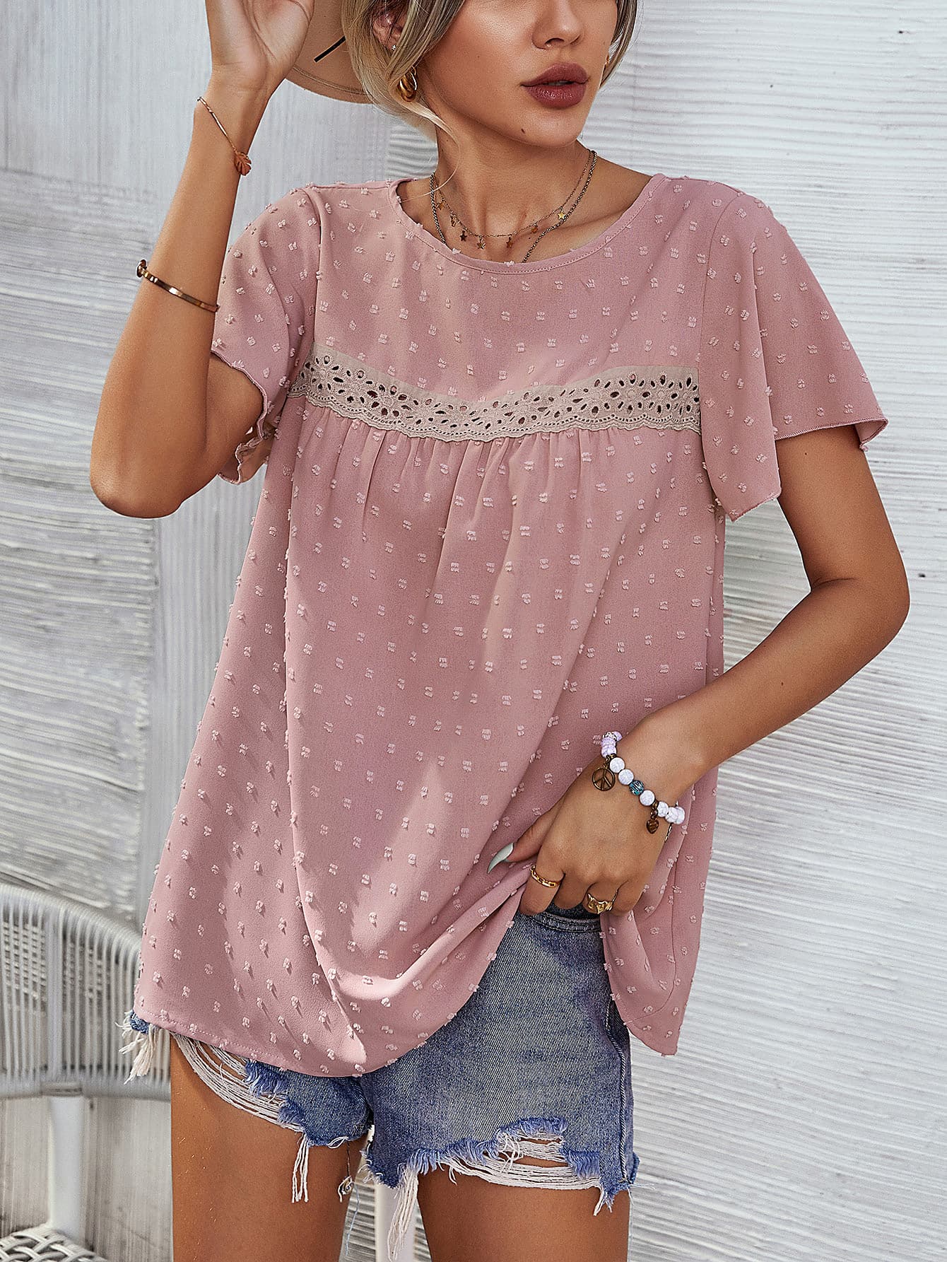 Swiss Dot Round Neck Flutter Sleeve Blouse-Teresa&#39;s Fashionista LLC